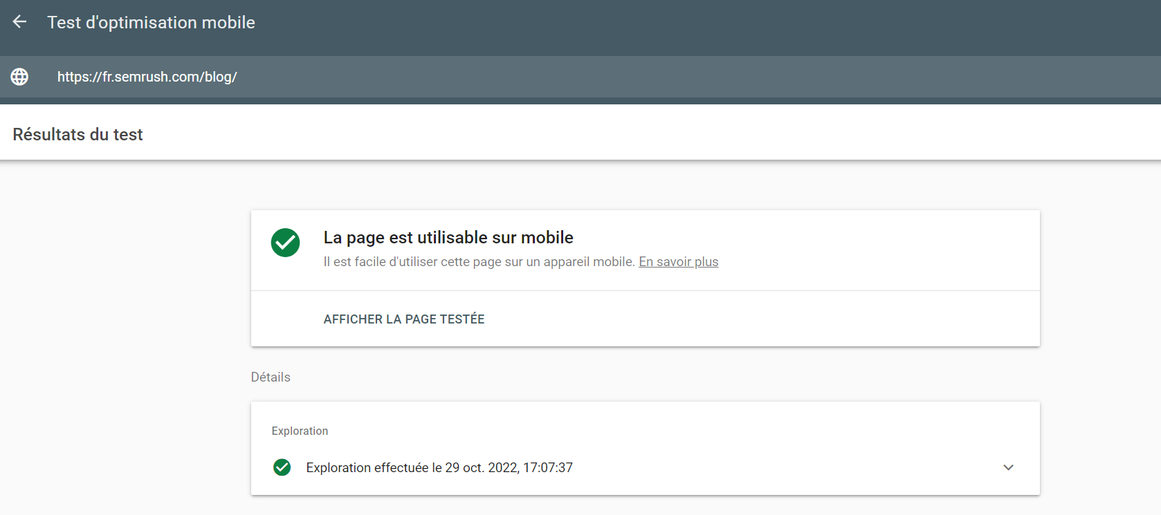 Test réussi d'optimisation mobile de Google