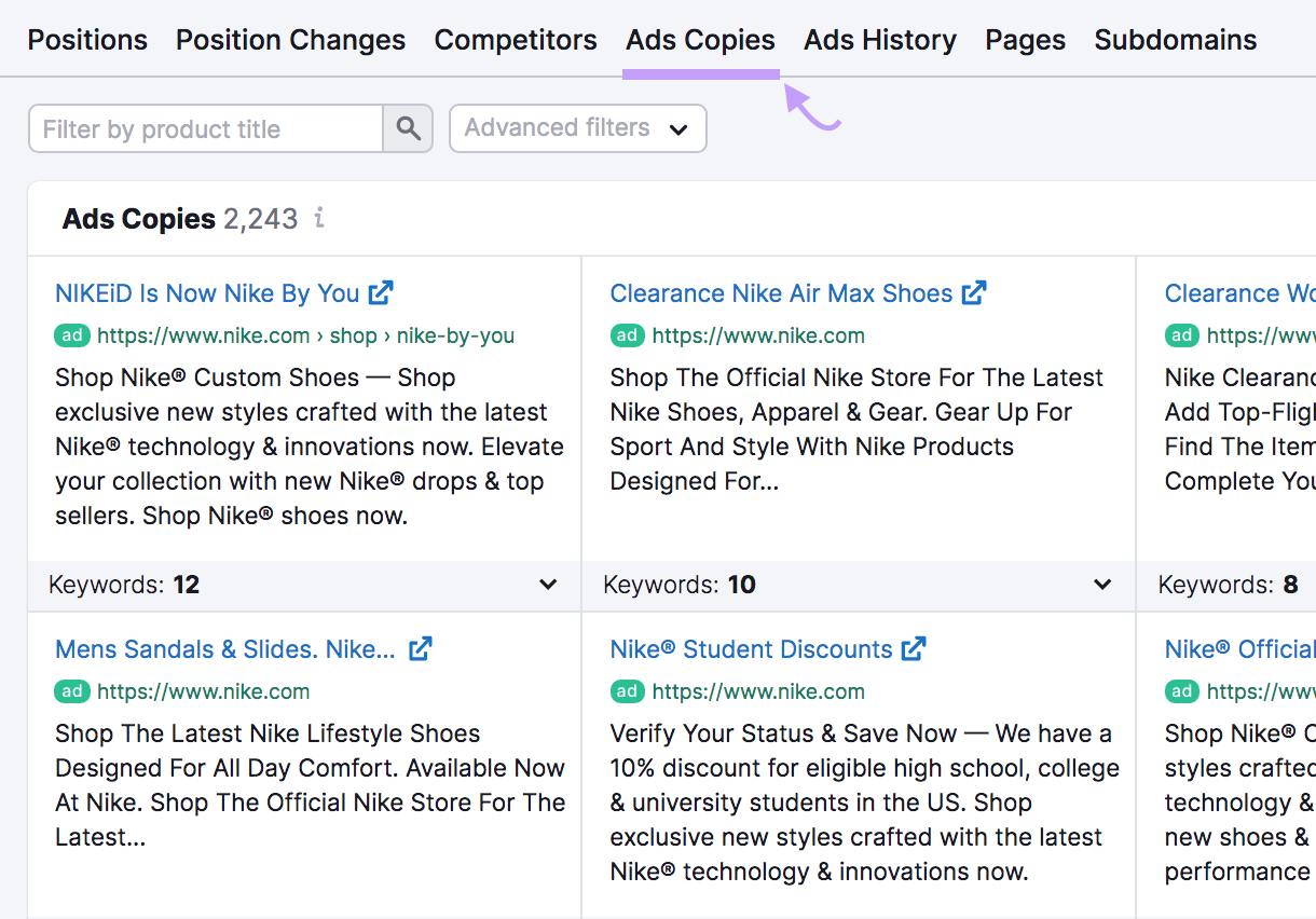 Ads Copies tab showing Nike ads in Advertising Researcj