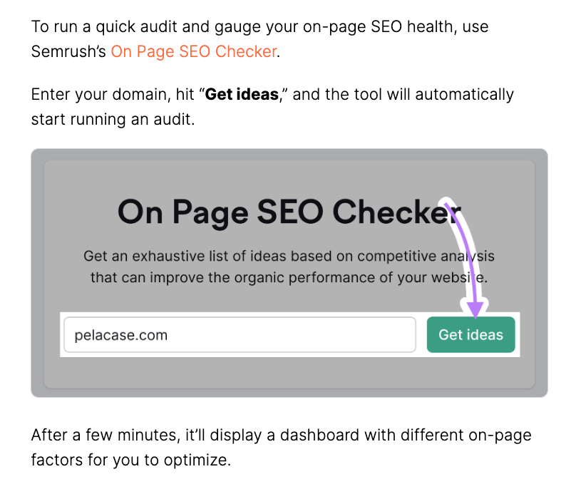 A section of the article showing users the Semrush’s On Page SEO Checker tool