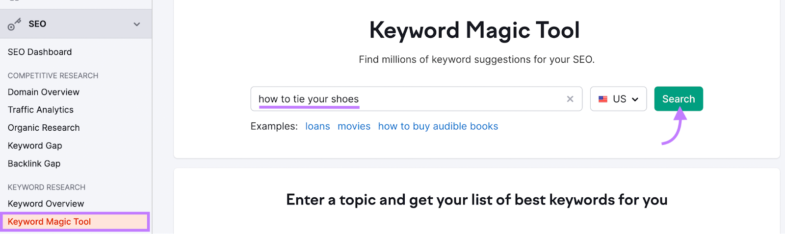 "how to tie your shoes" entered into Keyword Magic Tool search bar