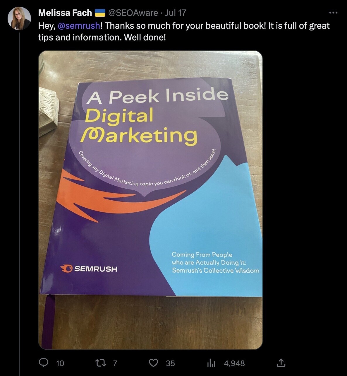 A post from the user "Mellisa Fach" thanking Semrush for the book she won
