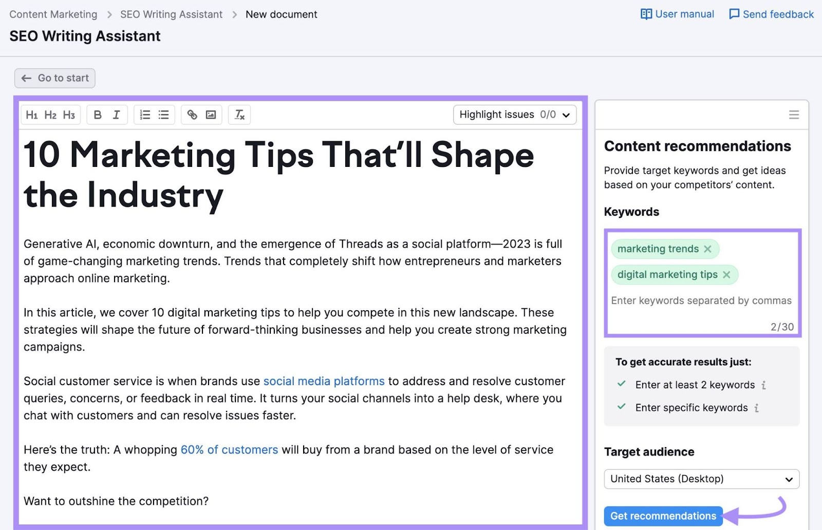 "10 Marketing Tips That'll Shape the Industry" articled entered into SEO Writing Assistant