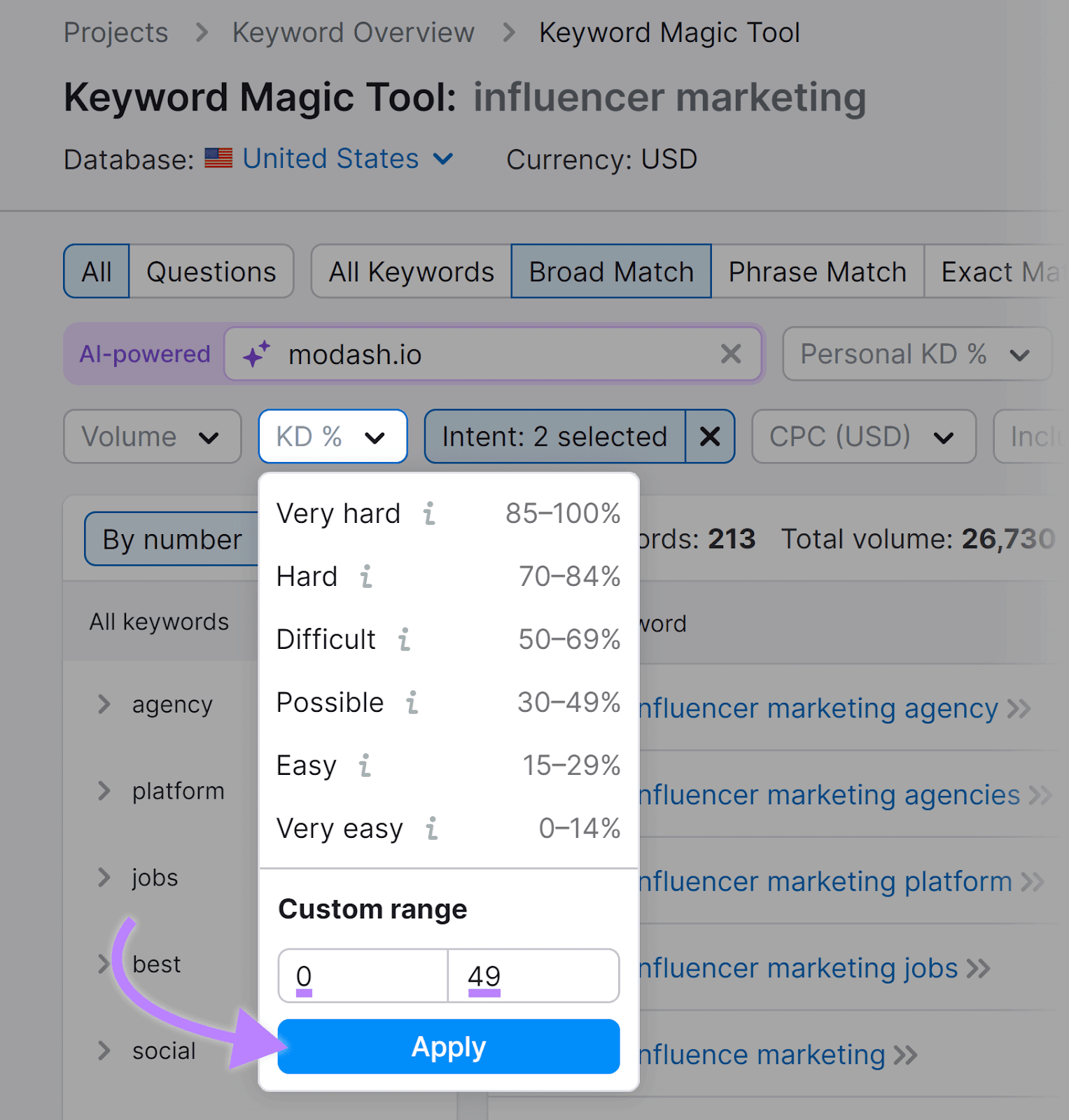 KD% filter expanded, custom range values entered, and arrow pointing to Apply button