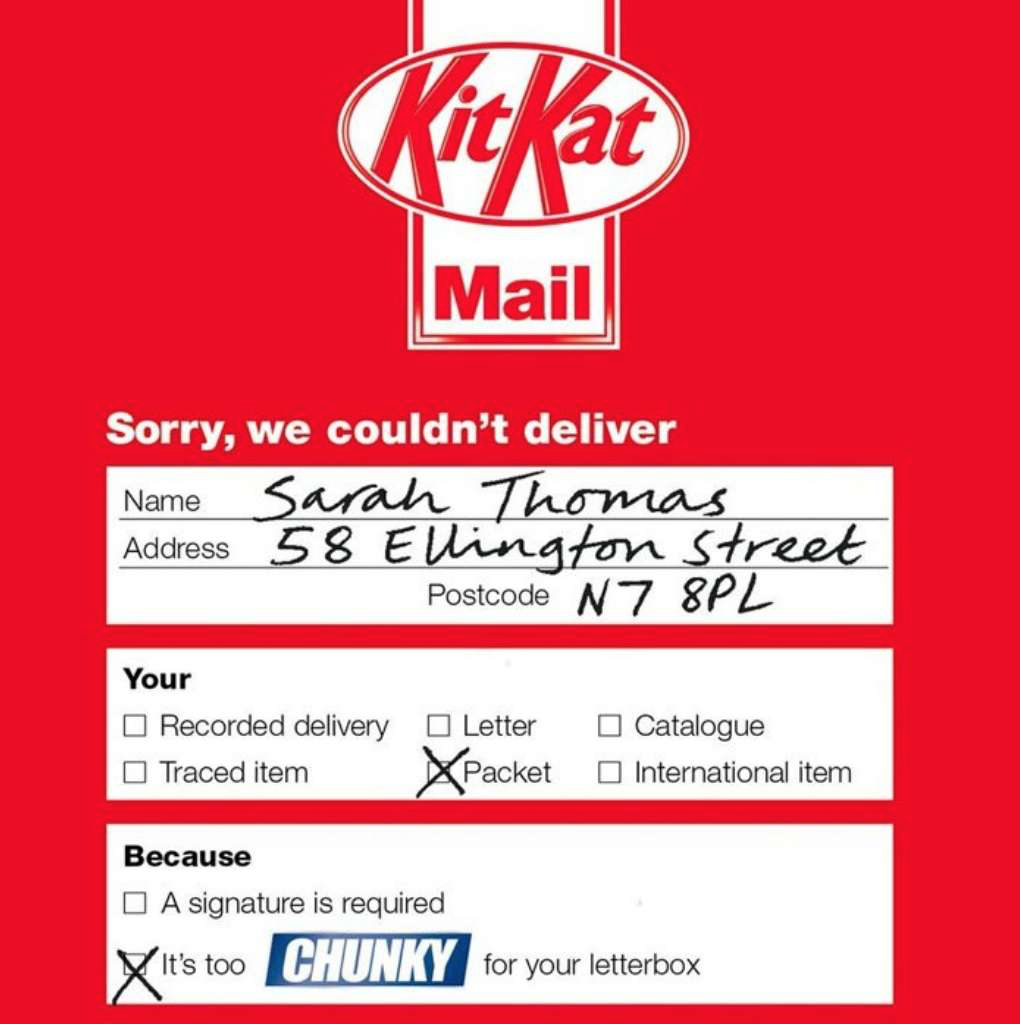 Bright reddish  KitKat Chunky nonstop  message  advertisement  showing a failed parcel transportation  notification.