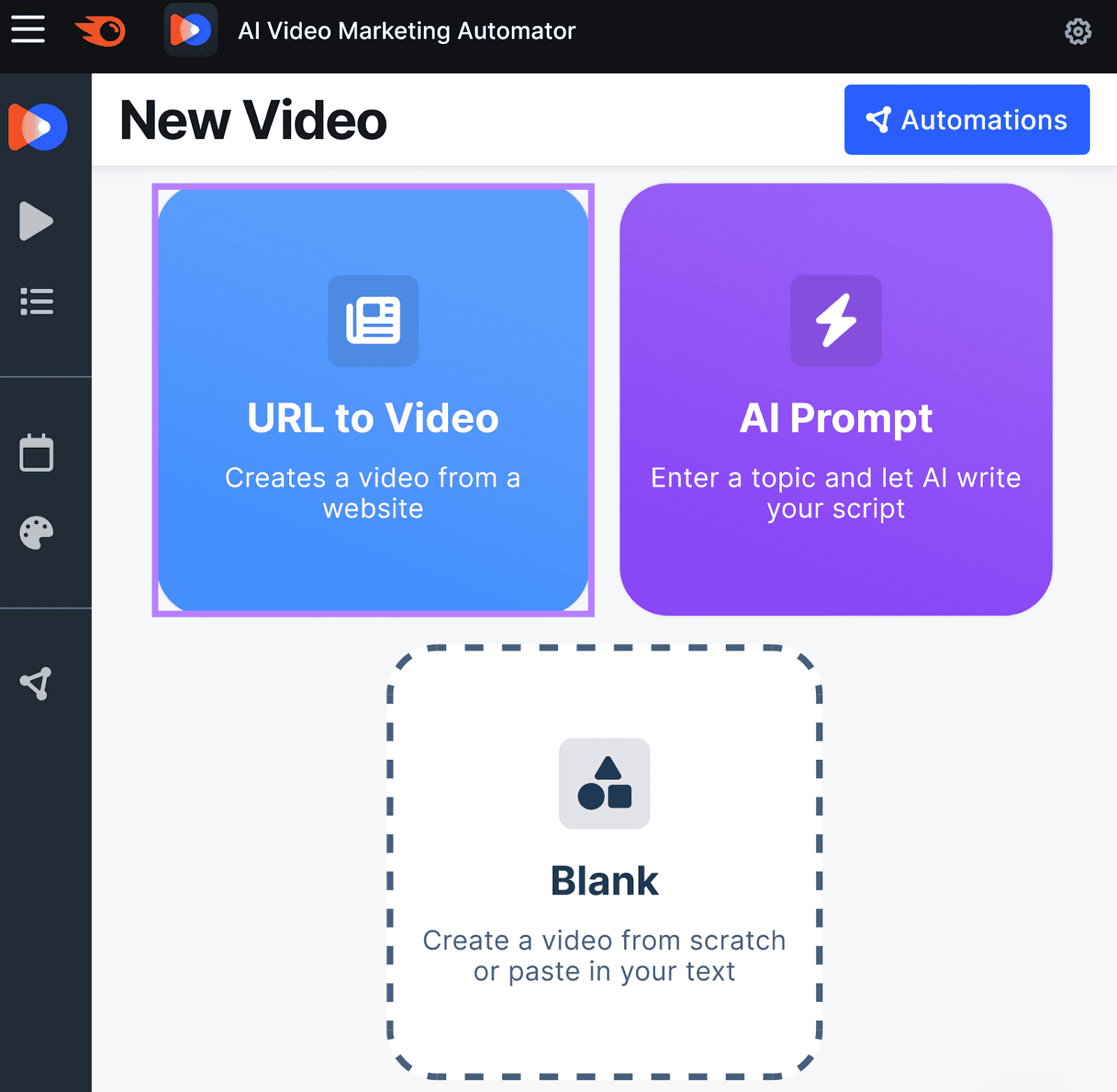 AI Video Marketing Automator interface with the option "URL to Video" in a purple box