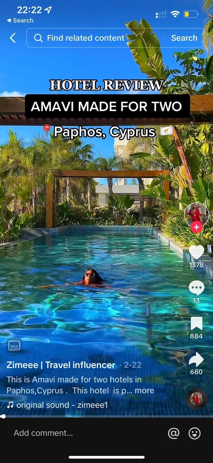 Zimeee TikTok post about the Amavi MadeForTwo hotel in Cyprus