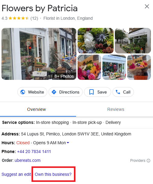 Where you’ll find the “Own this business?” link on a Google Business Profile.