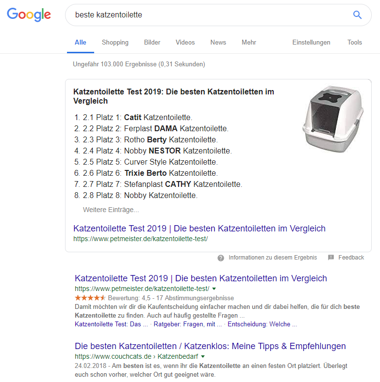 Google-Suchergebnis für 'beste Katzentoilette'