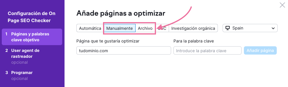 Para importar datos desde tu hoja de cálculo de Keyword Mapping, elige "Manualmente" o "Archivo" y sigue las instrucciones