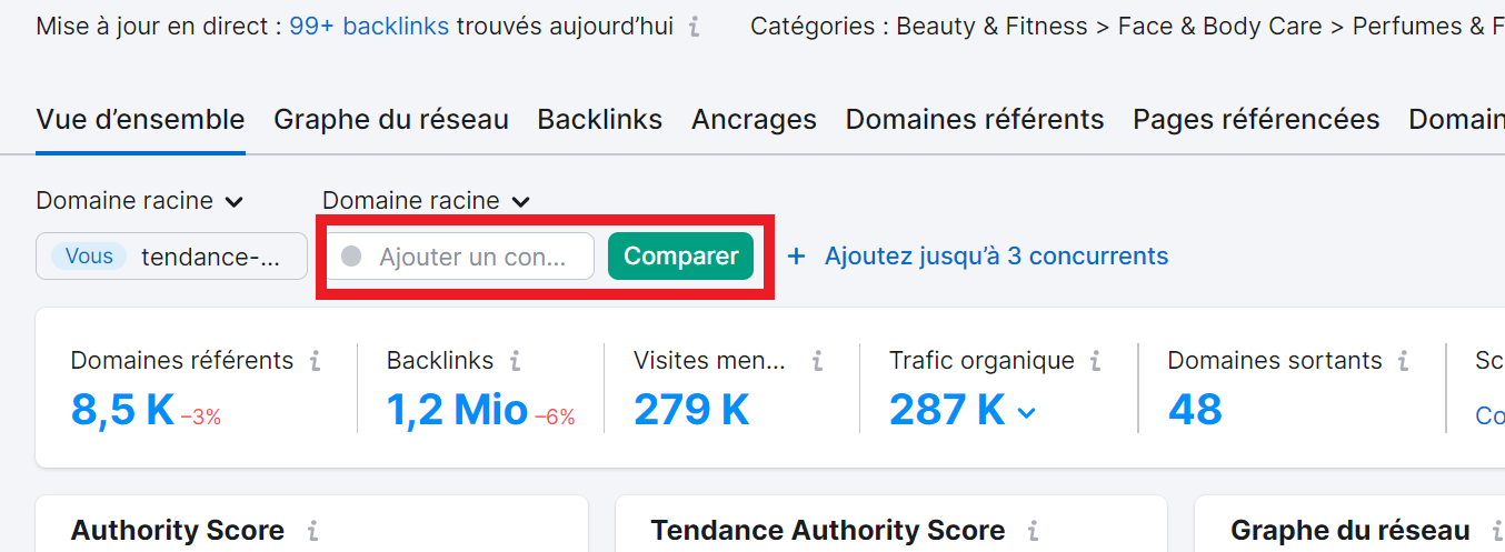 Ajouter un concurrent dans Analyse de backlinks