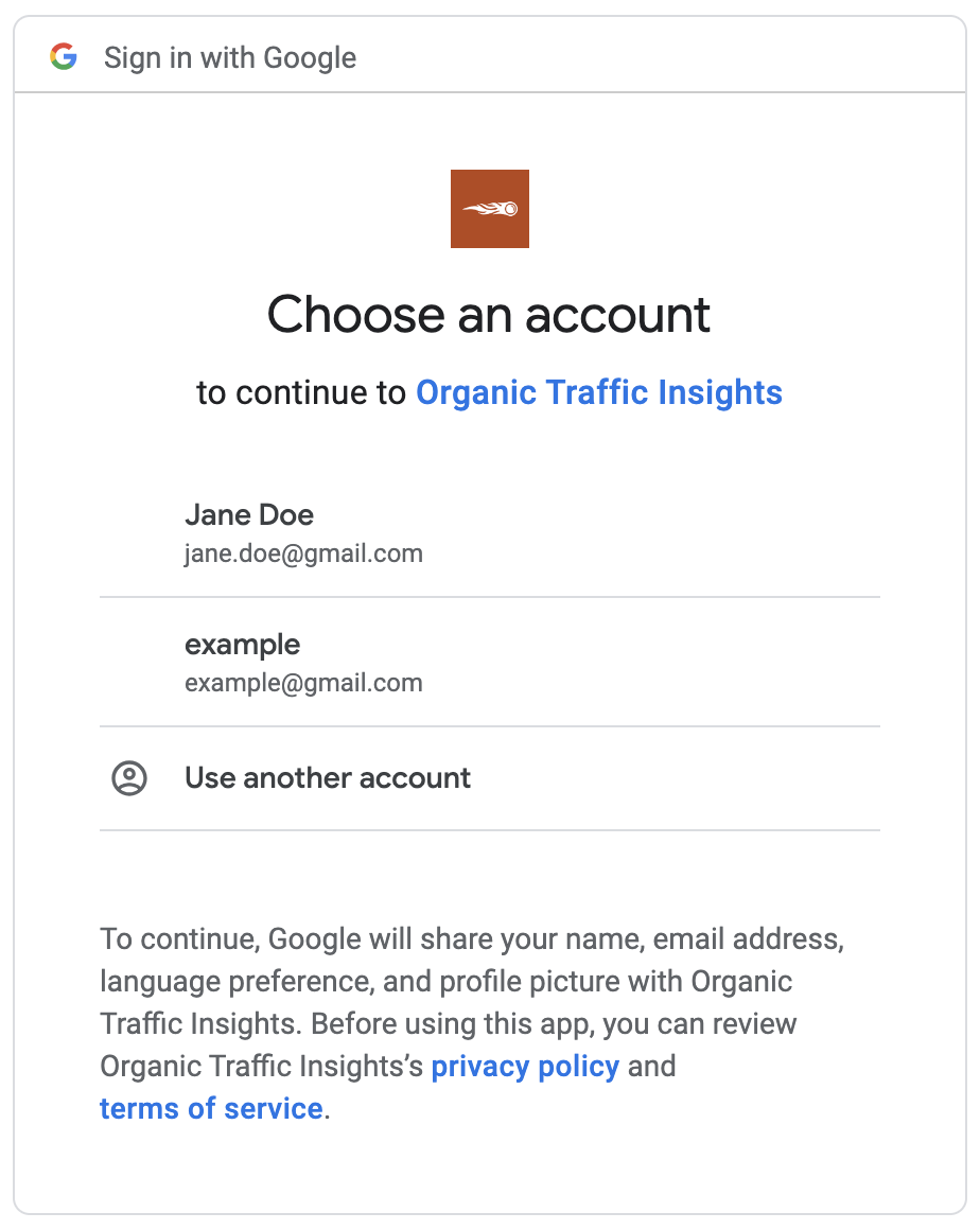"Sign in with Google" pop-up screen