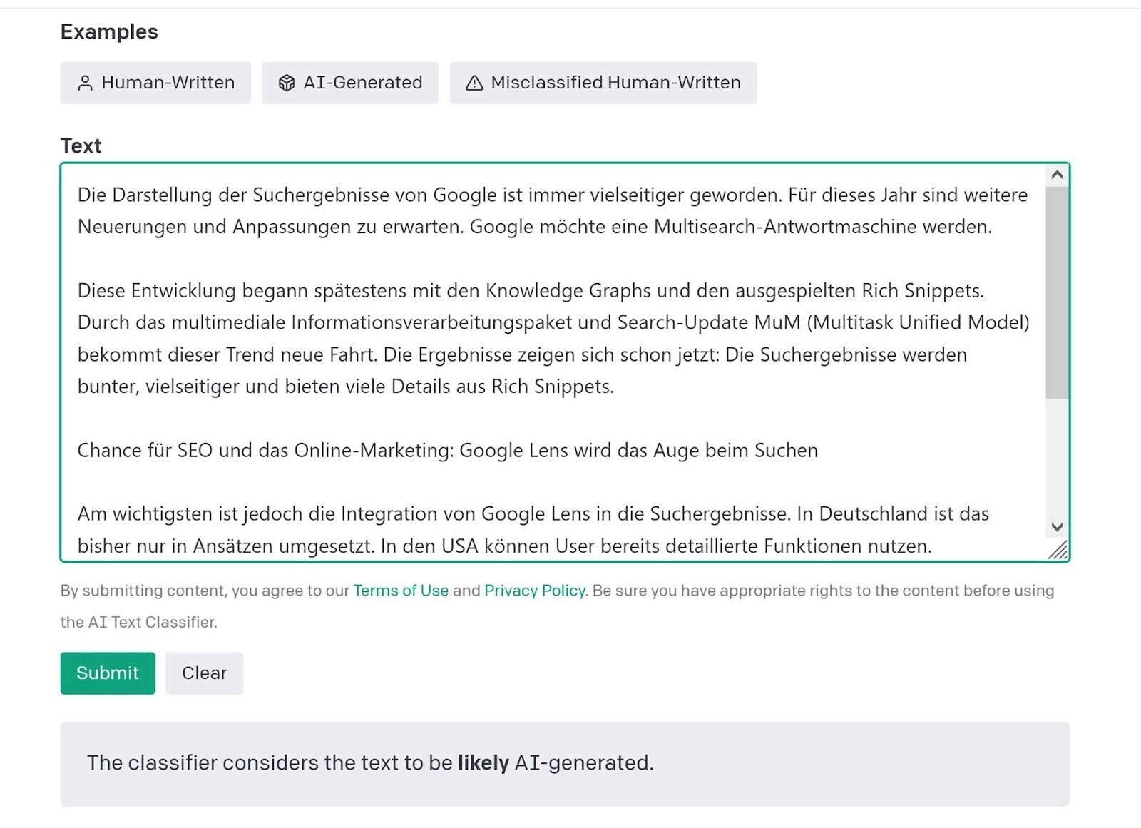 Der AI Text Classifier stuft den Blogartikel falsch als maschinell erzeugt ein