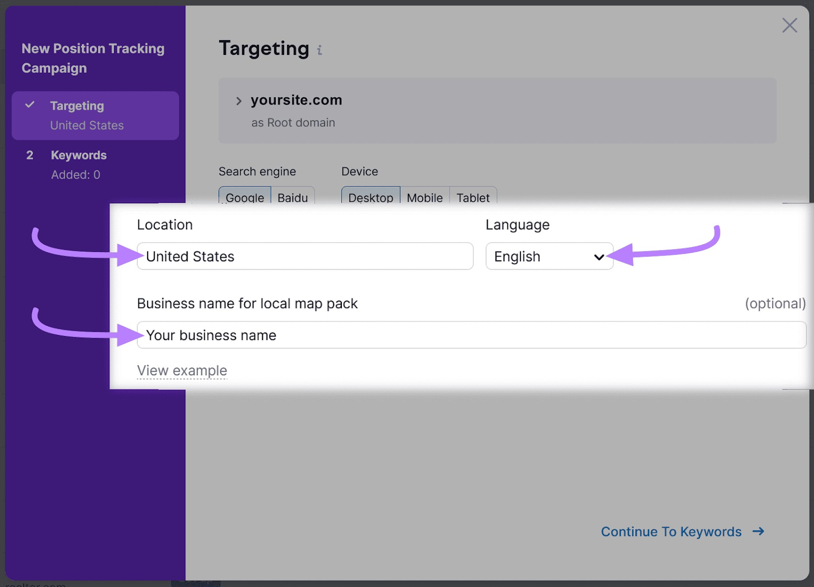 "United States" and "English" options selected from the "Targeting" window in Position Tracking