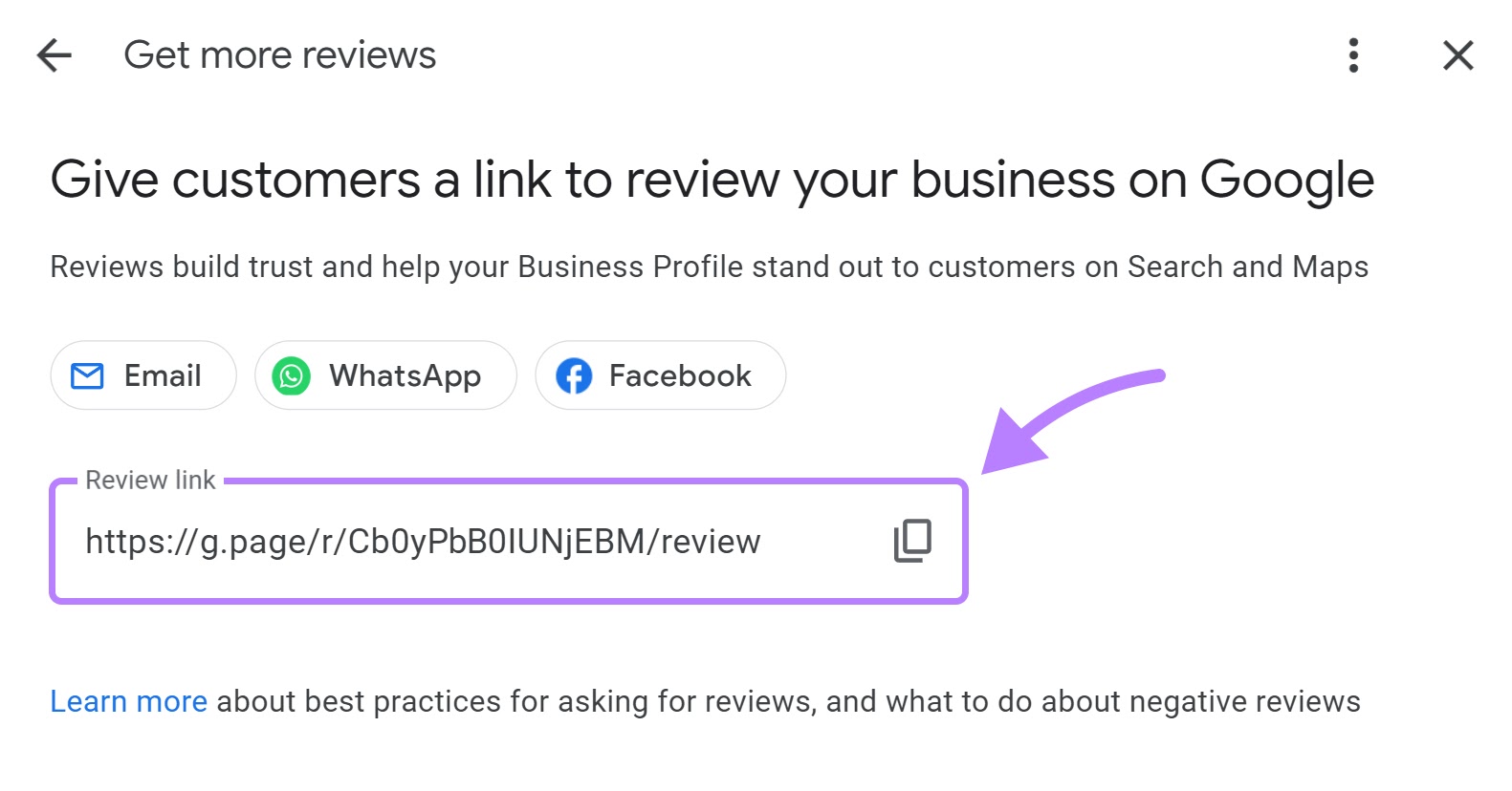 A unique link for a GBP listing that can be shared with customers to review the business on Google.