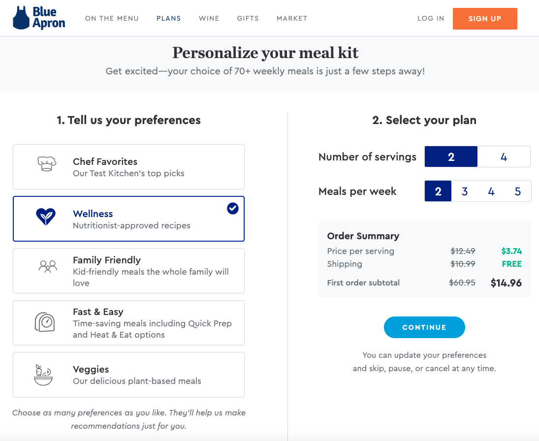 Blue Apron's "Personalize your meal kit" page