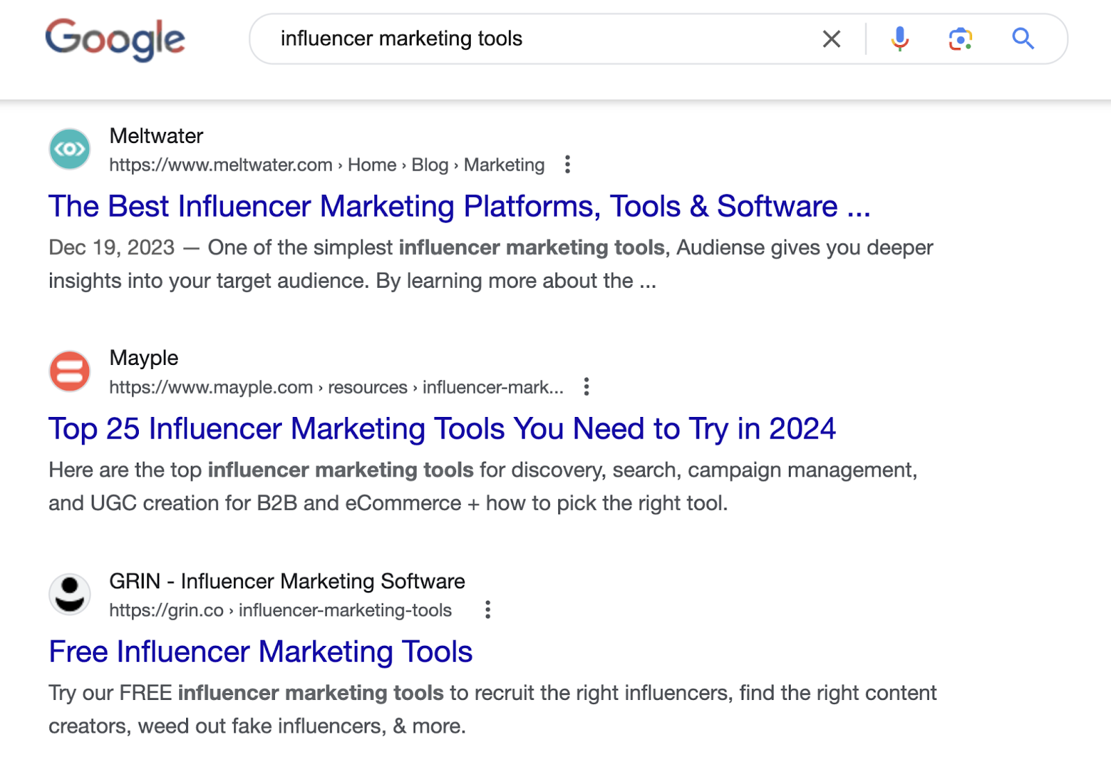 titles on the serp say "best influencer marketing platforms" and "top 25 influencer marketing tools"