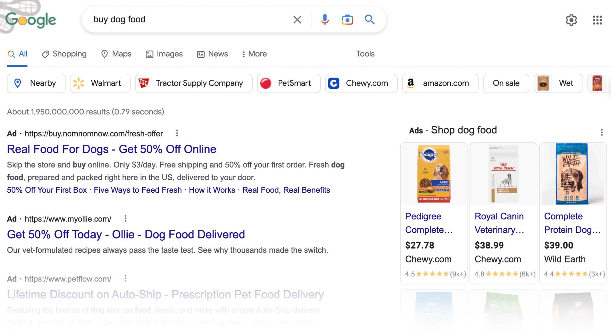 The SERP for "buy dog food" with lots of ads