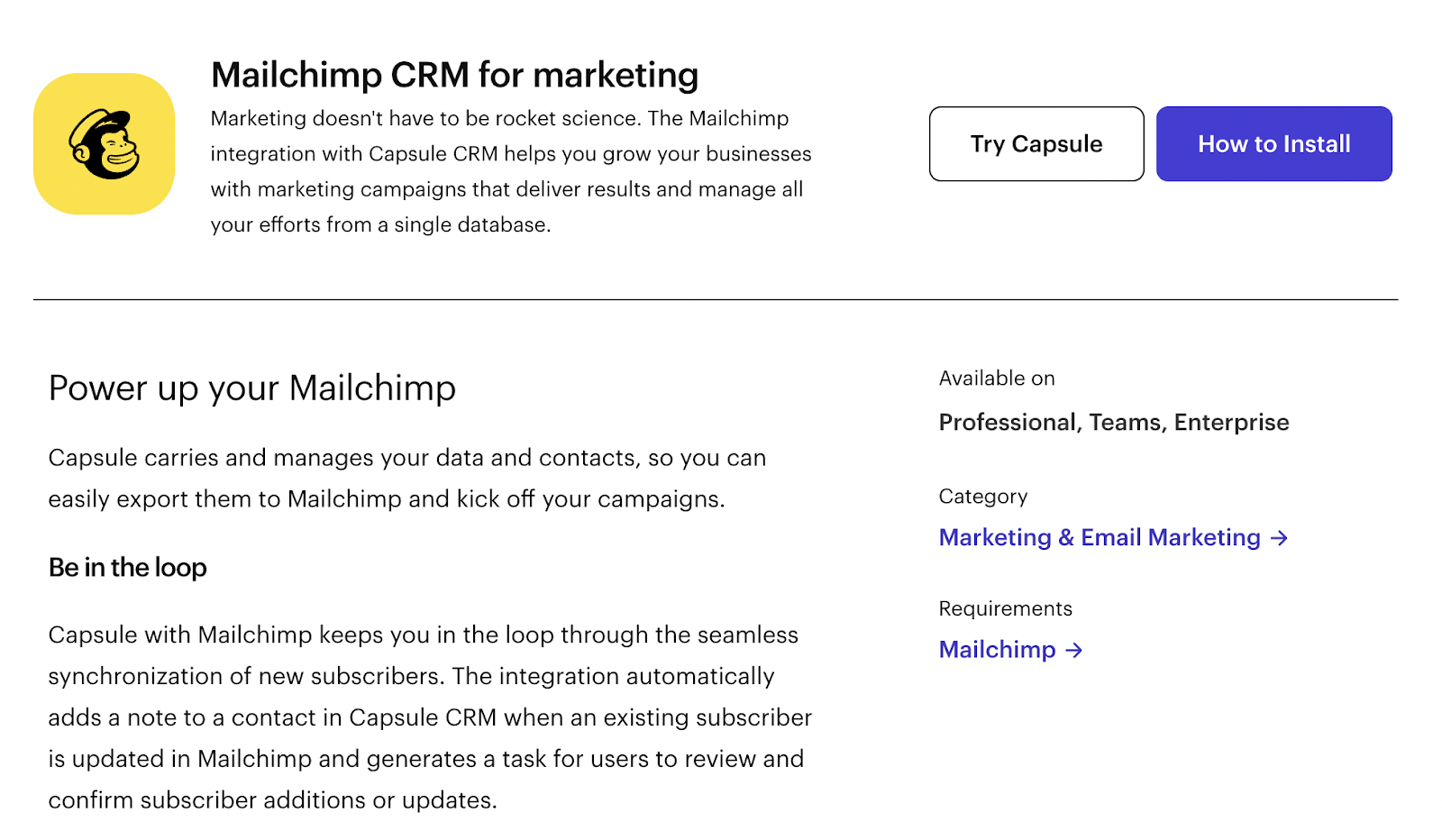 "Mailchimp CRM for marketing" install page