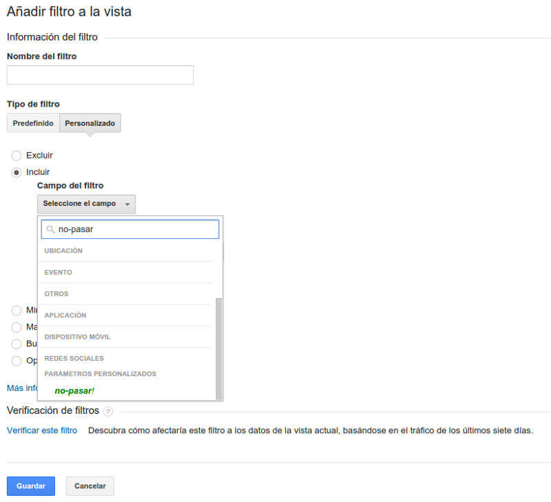 Filtro sobre la vista de Google Analytics