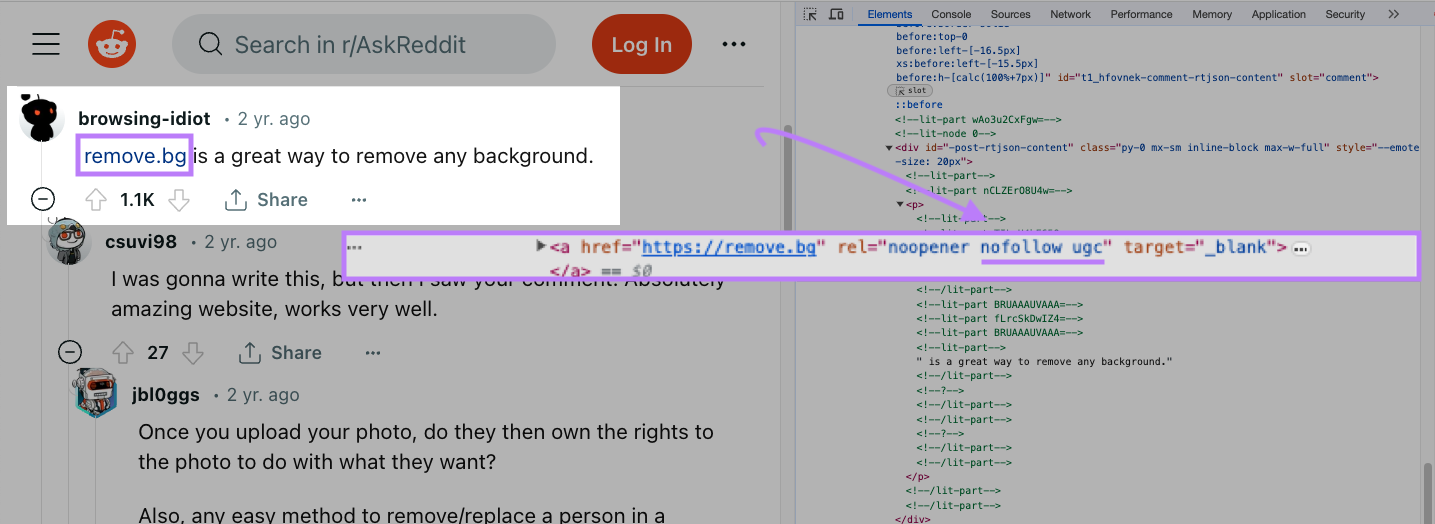 An example of "nofollow ugc" link on Reddit