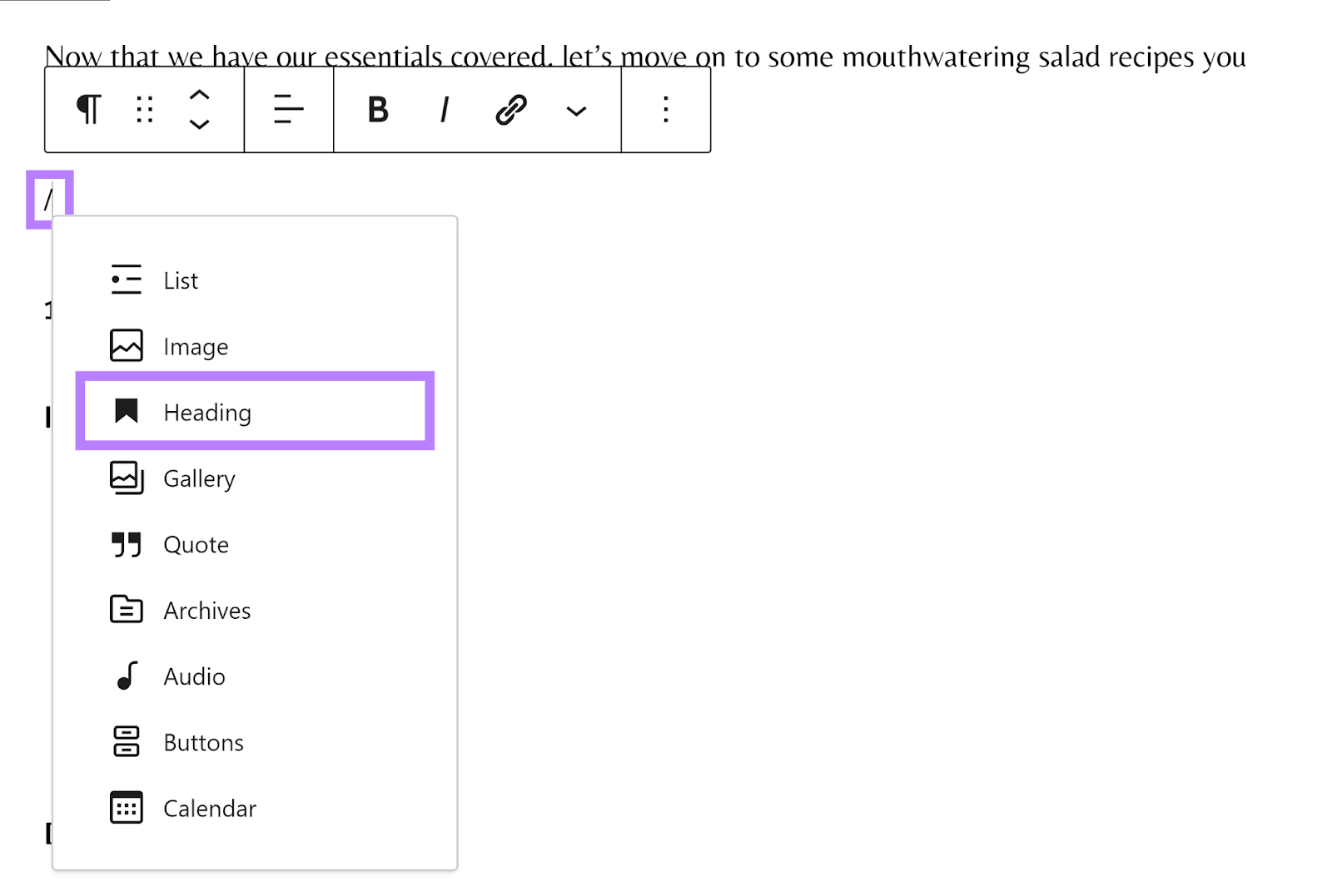 Block menu in WordPress with 'Heading' block option highlighted