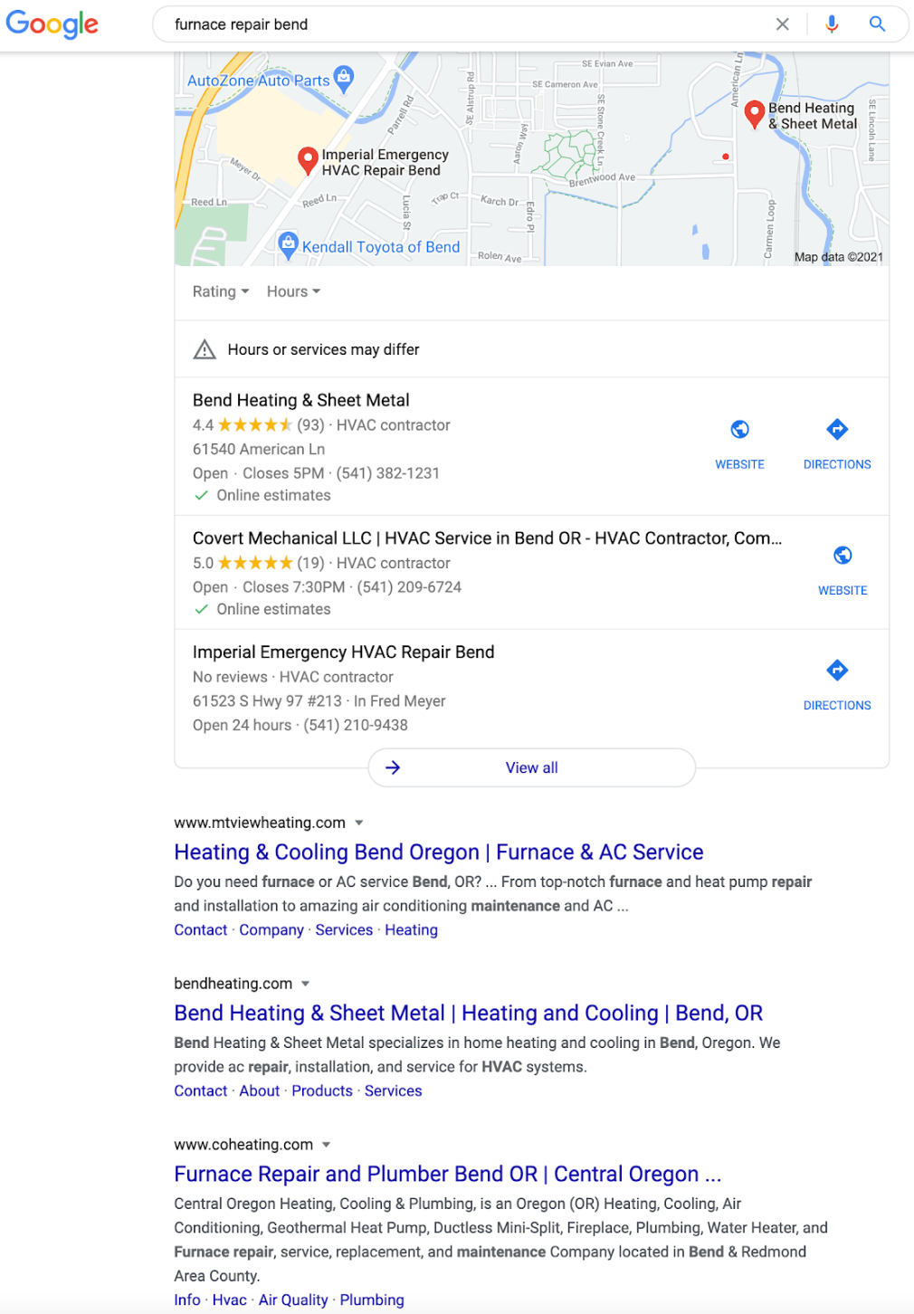 Lokales Google-Suchergebnis furnace repair bend