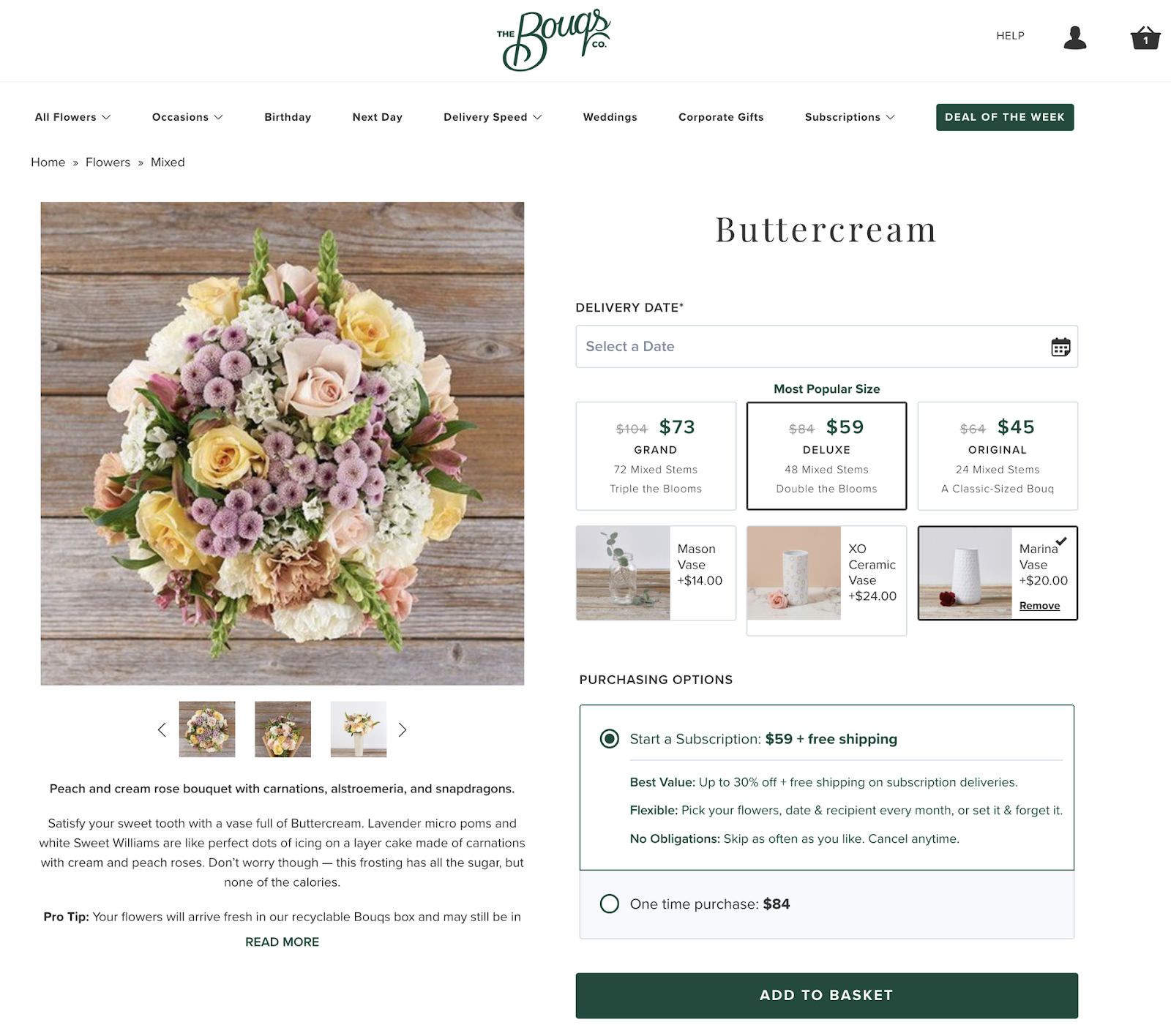 ecommerce trend of including subscription options when purchasing products such as on this flower delivery product page