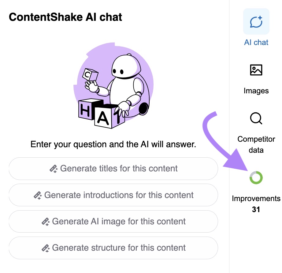 "Improvements" to the right of the ContentShake AI chat window highlighted.