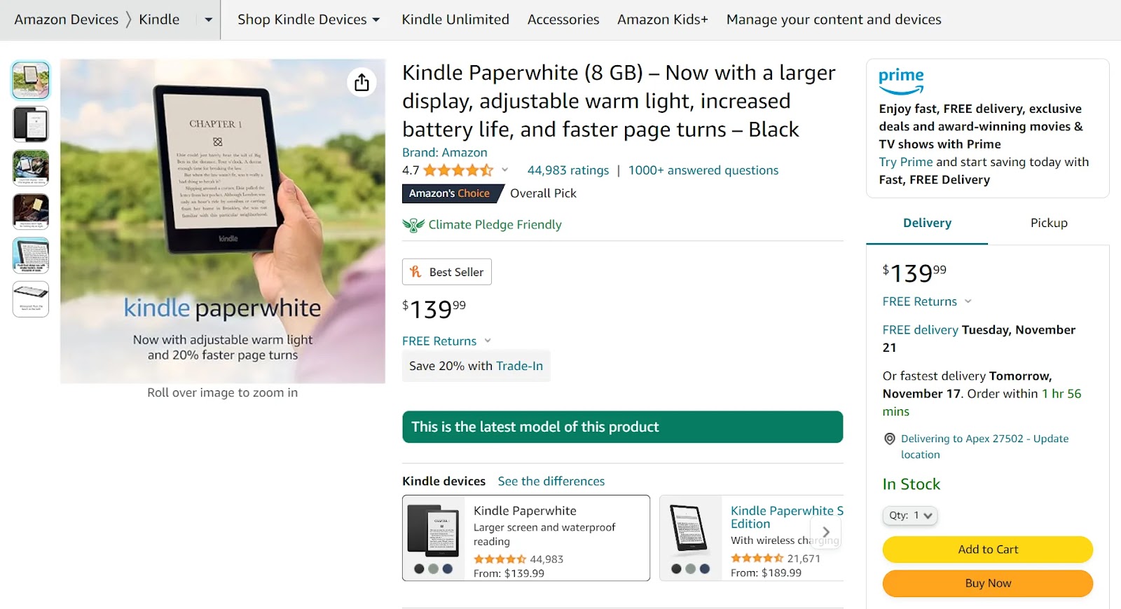 A page for the Amazon Kindle Paperwhite