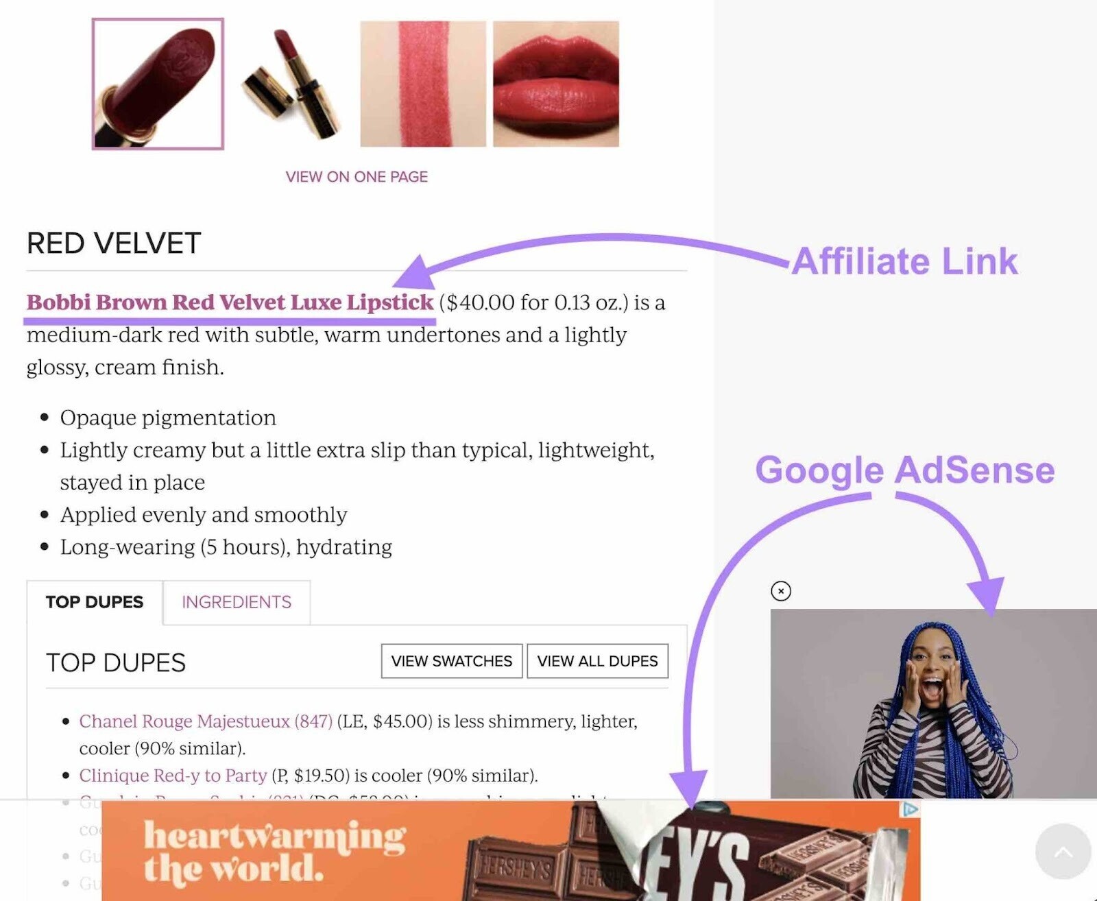 affiliate marketing and advertisingm on a beauty blog