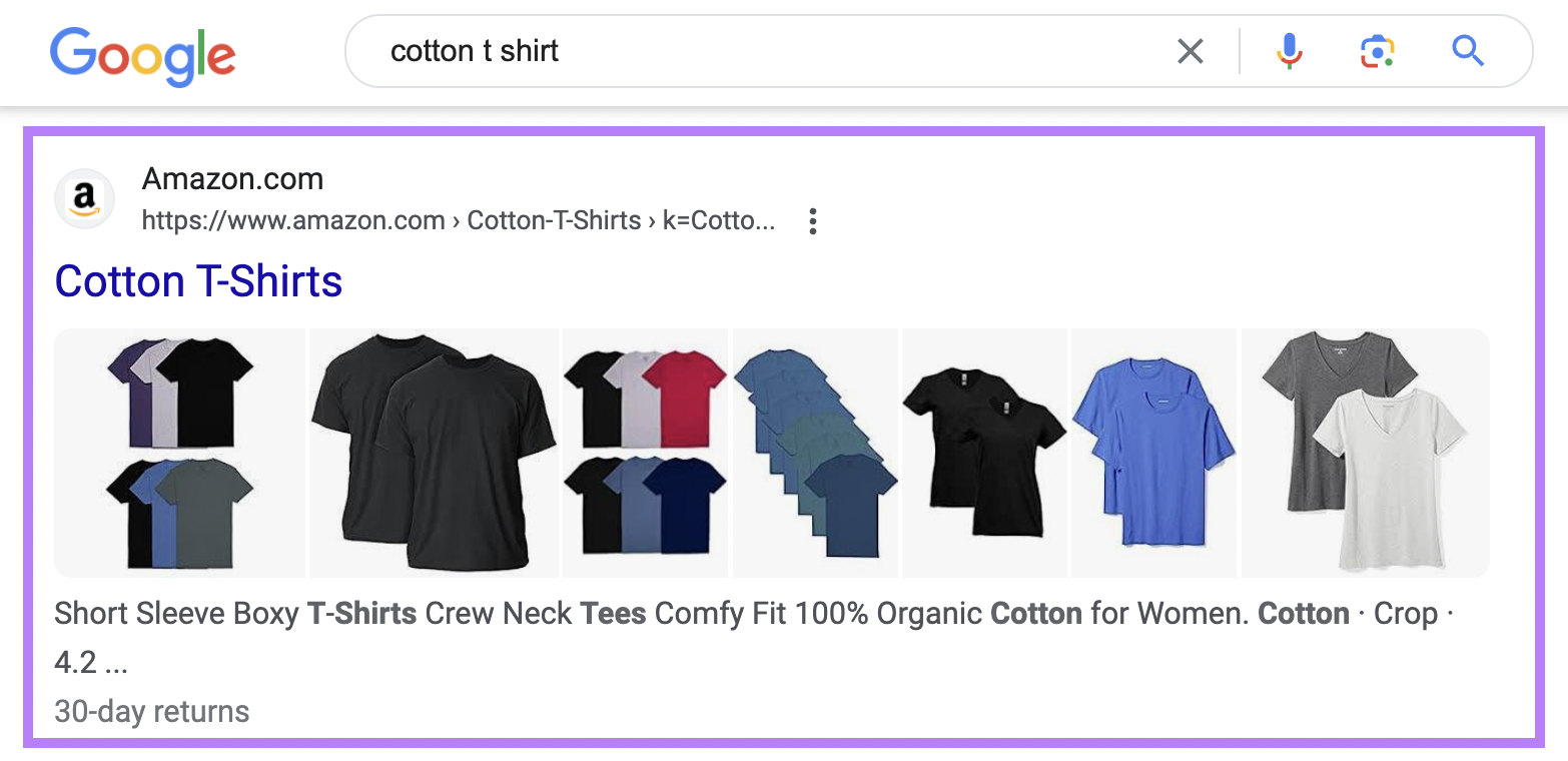 Google SERP for "cotton t shirt" search