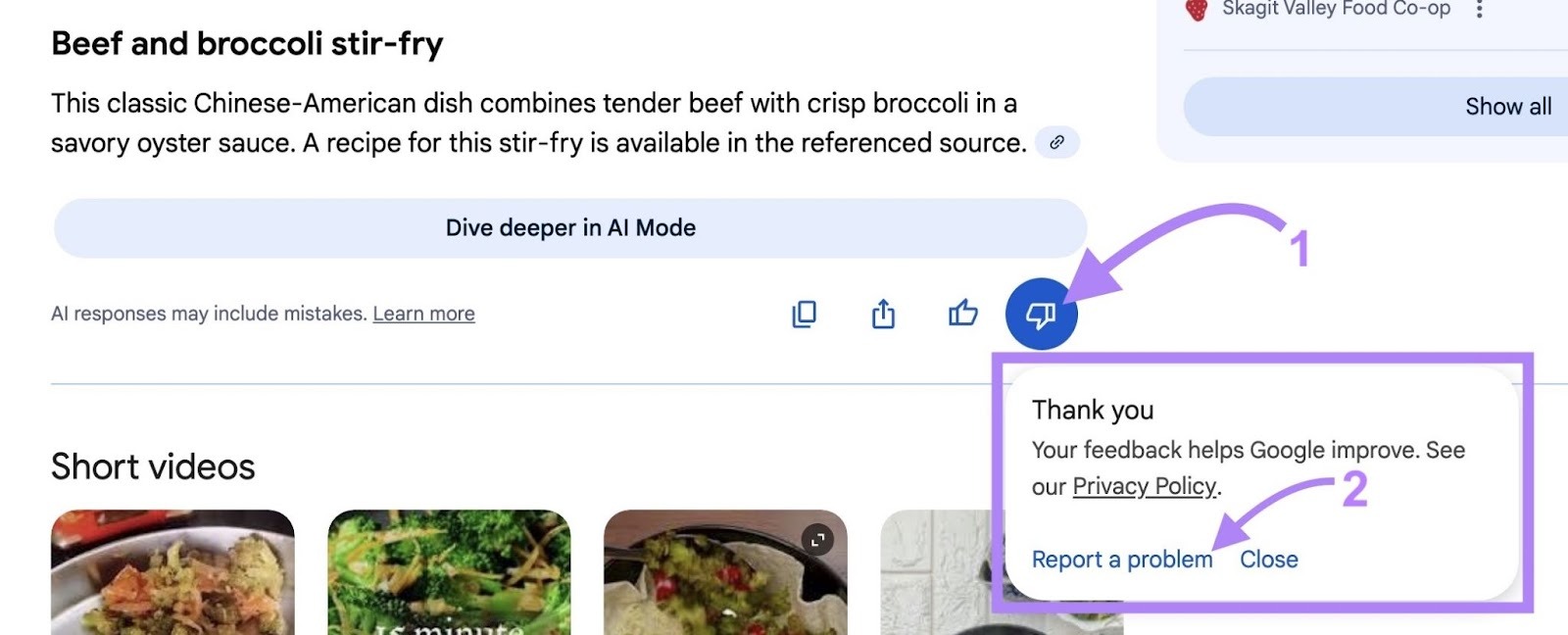 Signaler une erreur dans une vue d'ensemble de l'IA en cliquant sur l'icône du pouce vers le bas, puis sur « Signaler un problème » dans la fenêtre qui apparaît.