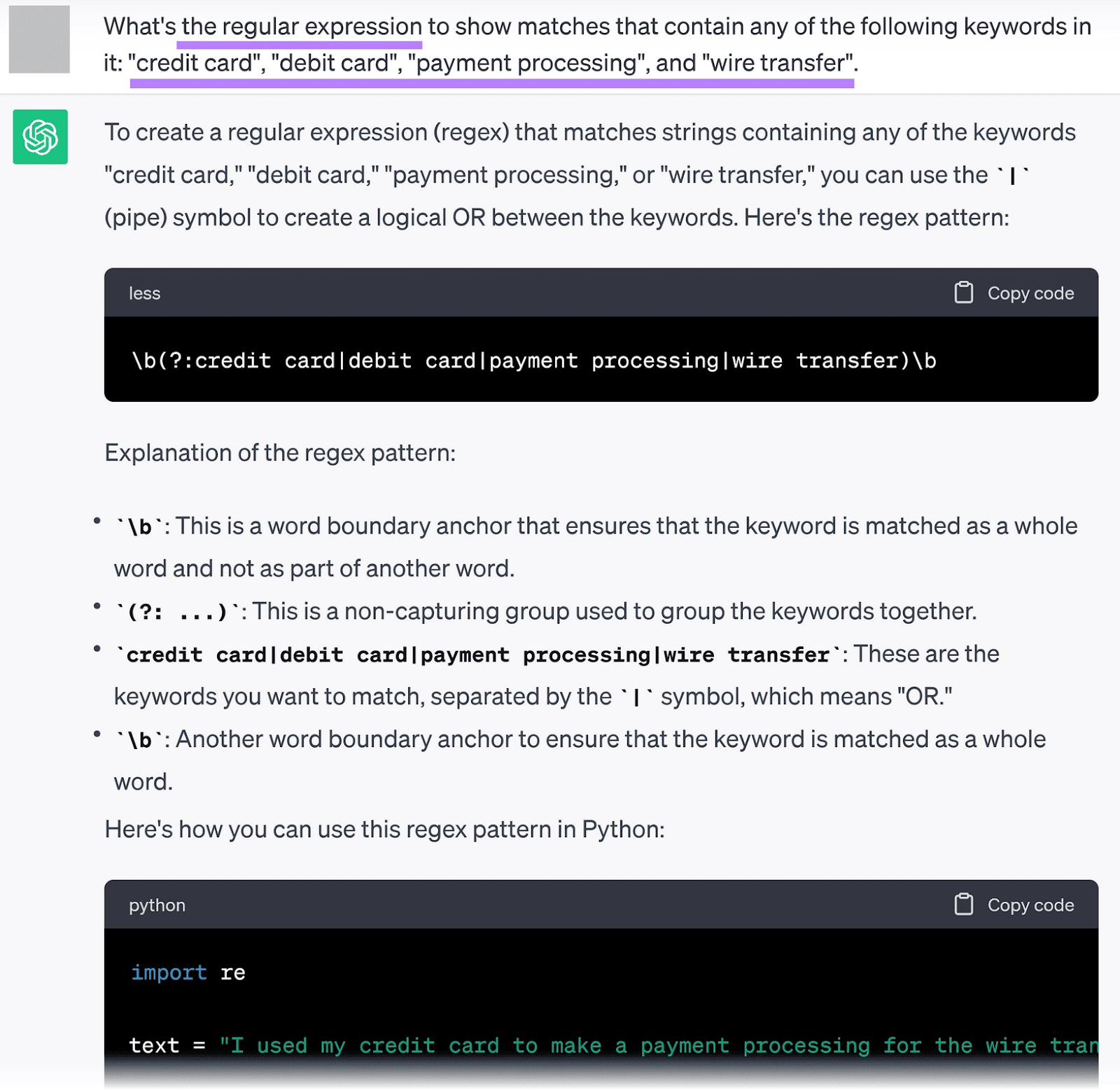 Um prompt perguntando ao ChatGPT sobre expressões regulares para determinadas palavras-chave