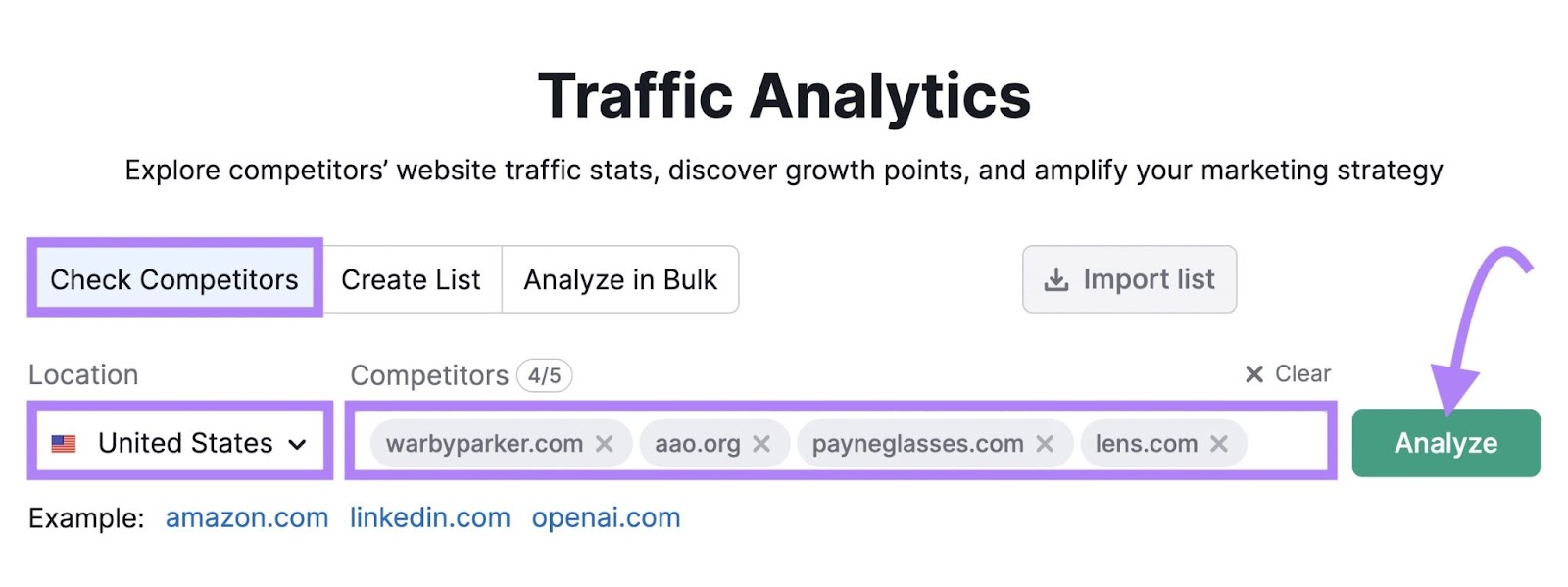 "warbyparker.com" " aao.org" "payneglasses.com" and "lens.com" entered into the Traffic Analytics tool search bar
