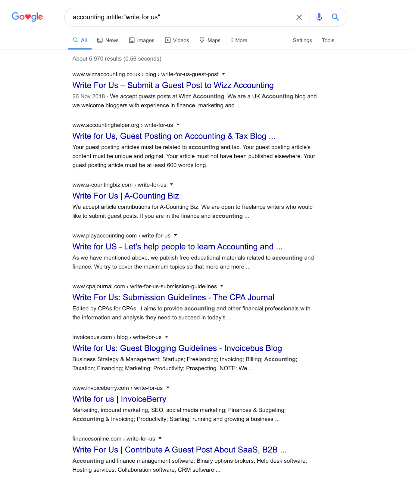 Example of using intitle option in google search