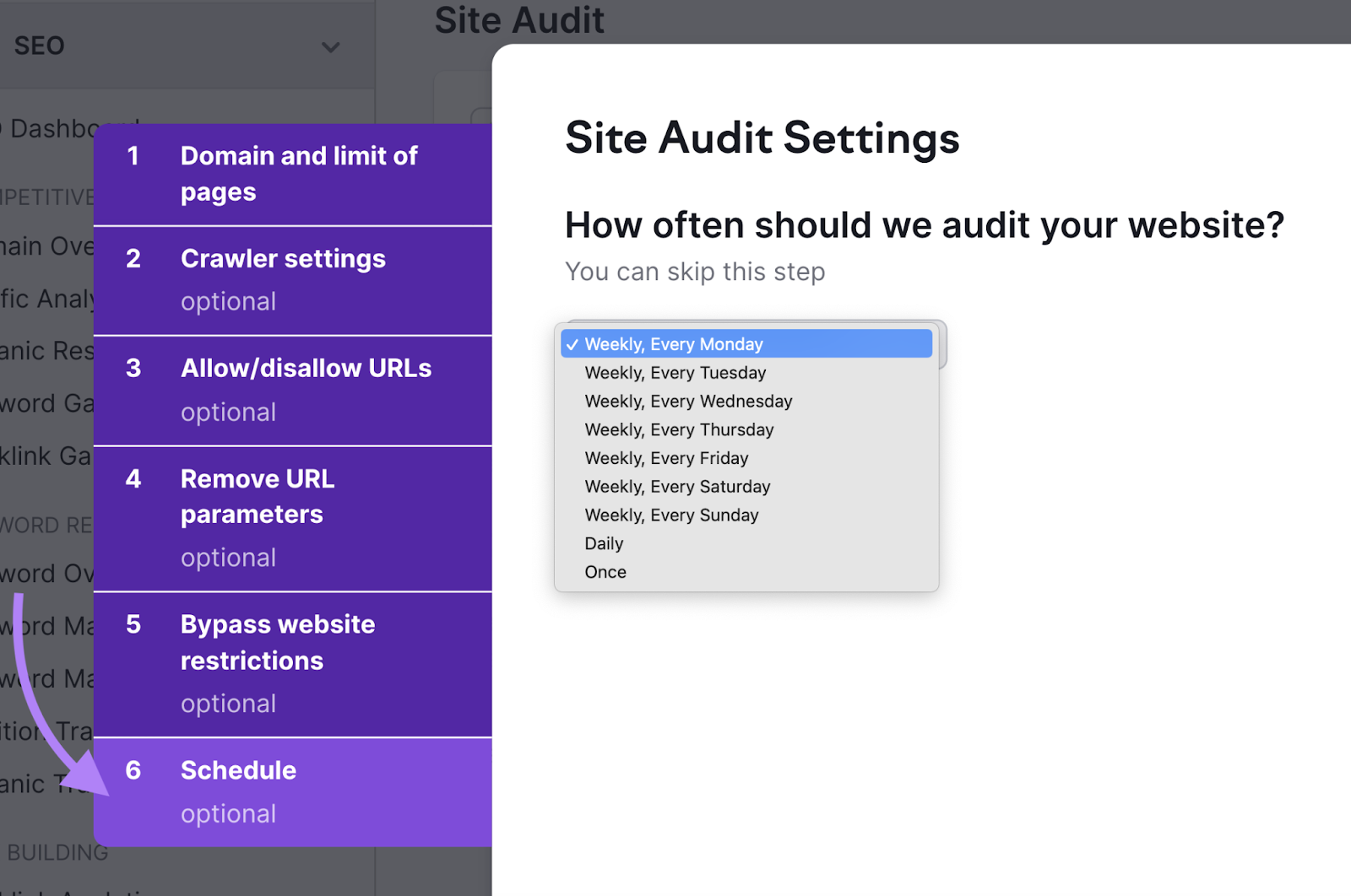 “Schedule” tab in "Site Audit Settings"