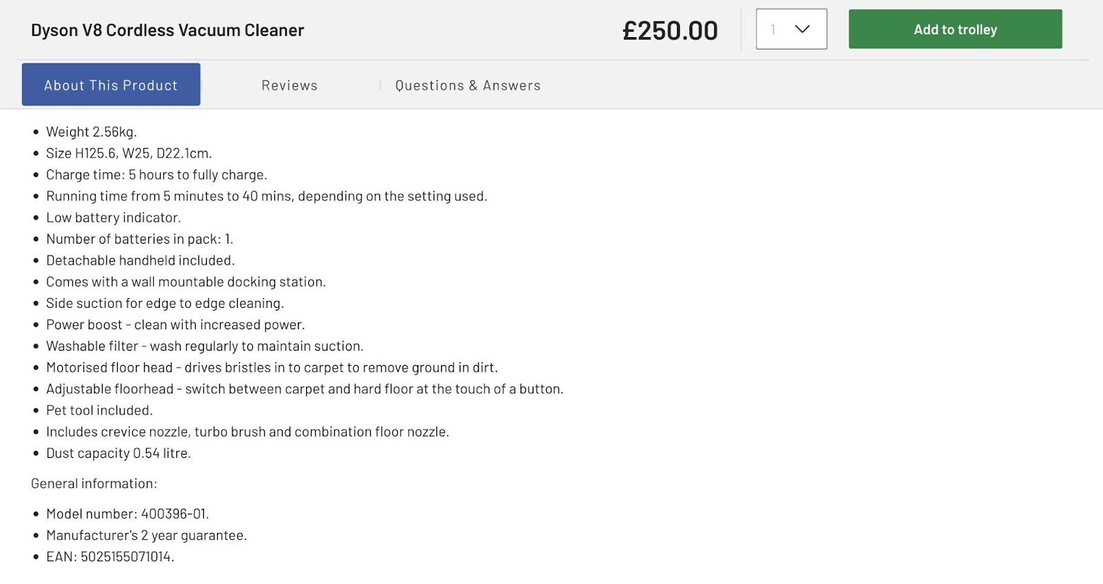 Dyson specifications on a reseller´s page