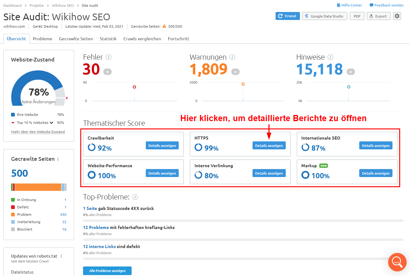 Semrush Site Audit: Übersicht thematischer Berichte