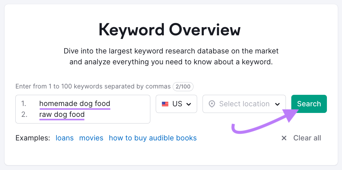 "homemade  food," and "raw  food" entered into the Keyword Overview tool search bar
