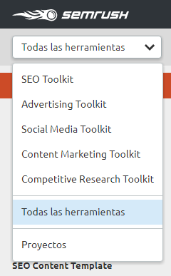 Nuevo menú de navegación de SEMrush