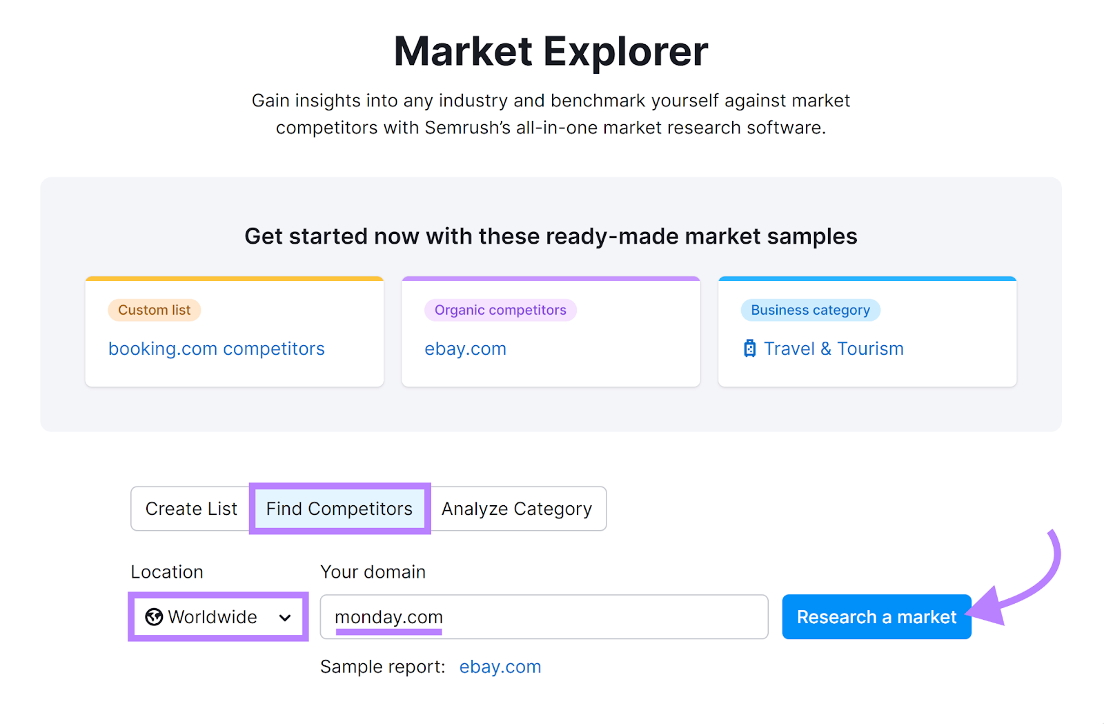 Market Explorer instrumentality   'Find Competitors' selected, determination  'Worldwide', Domain entered, and Research a marketplace  selected.