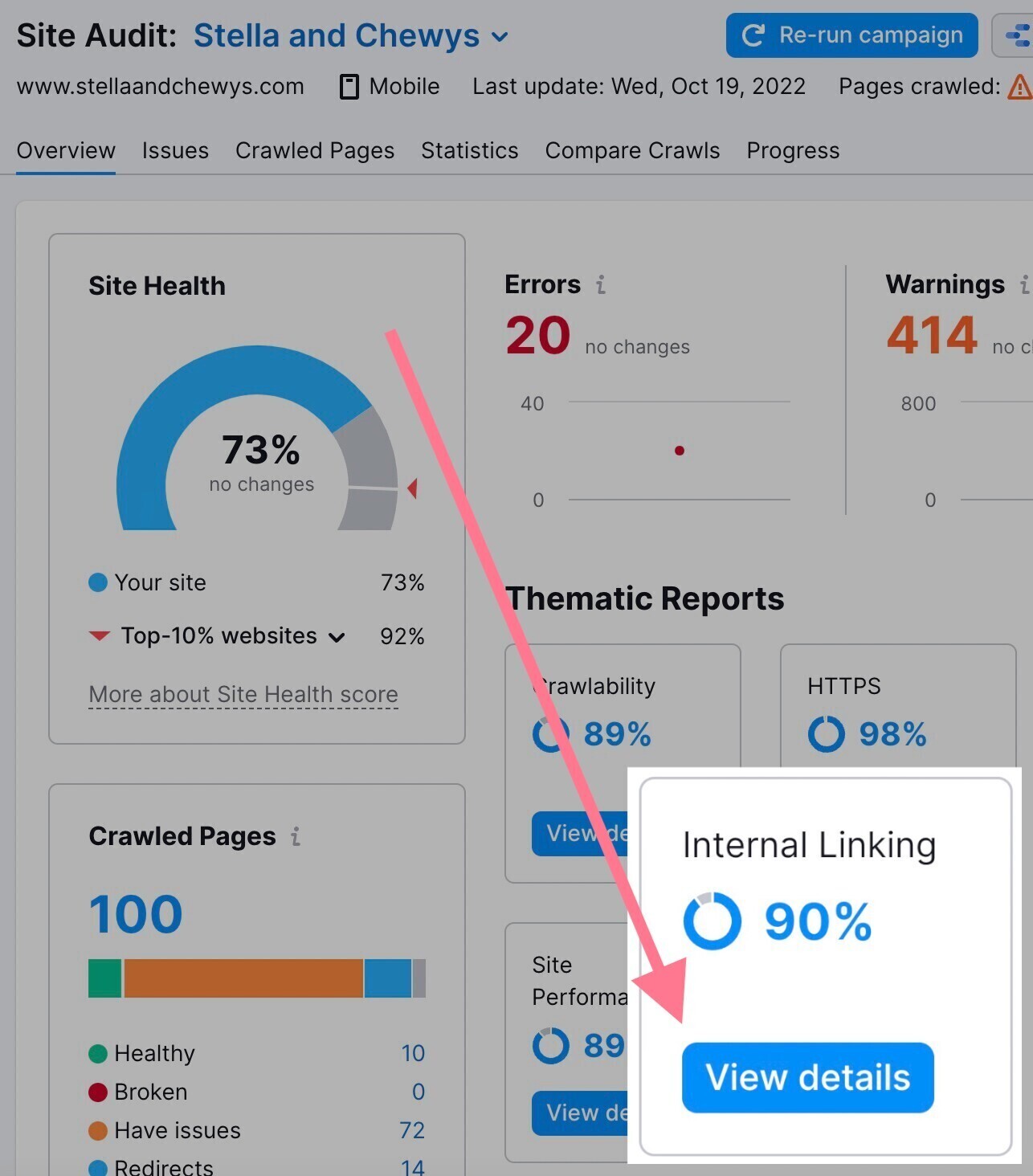 Site audit with the internal linking report highlighted