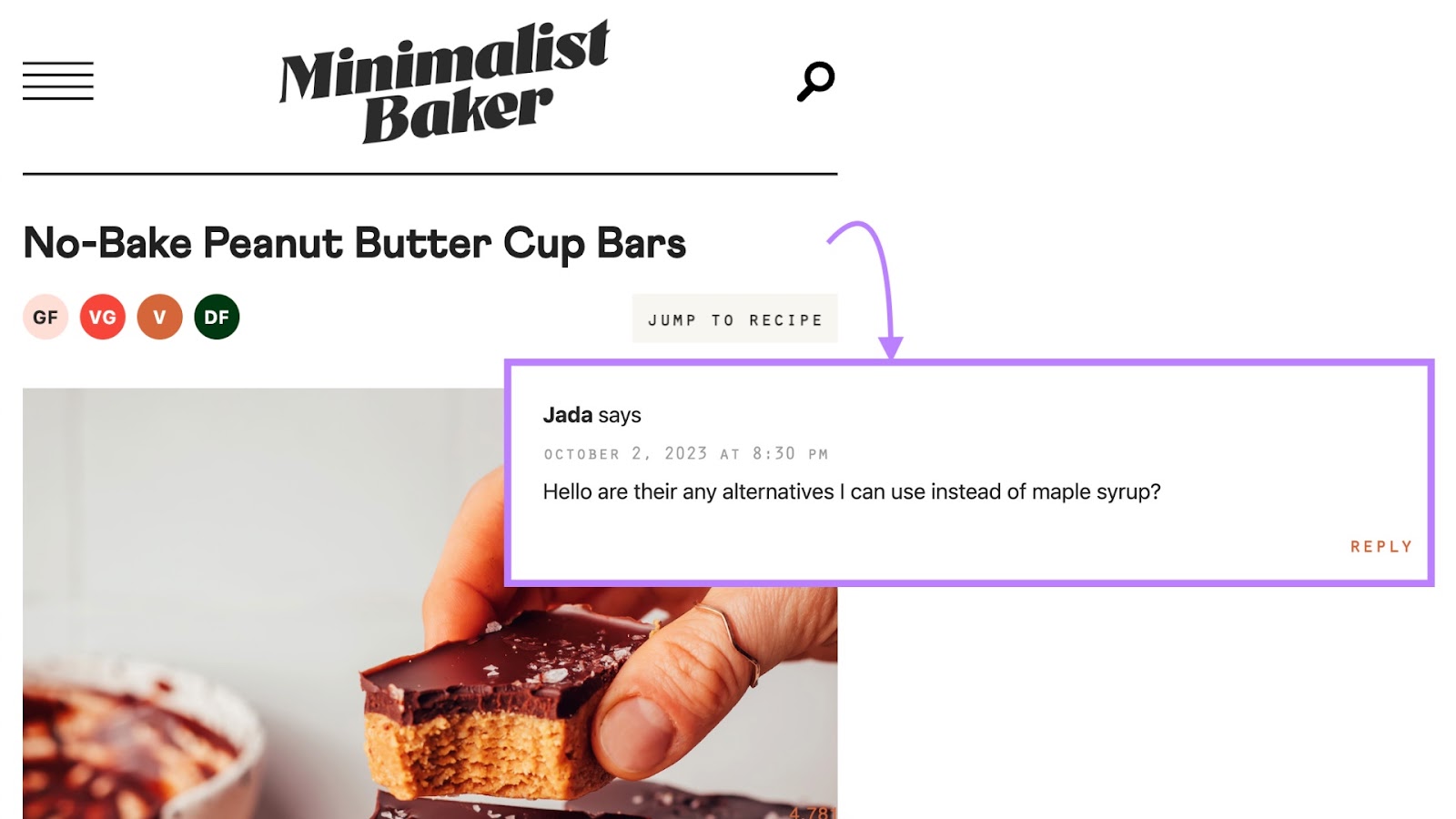 Minimalist Baker's post on no-bake peanut butter cup bars with a comment highlighted