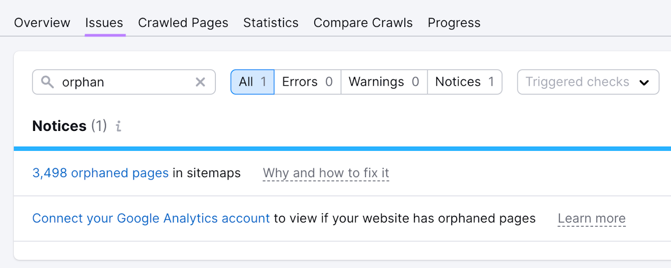 Searching for "orphan" nether  Site Audit's “Issues” tab