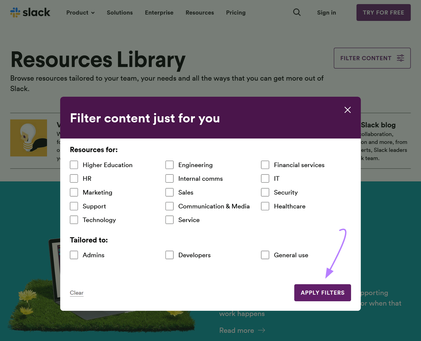 Slack's Resource Library content filters based on industry and audience persona