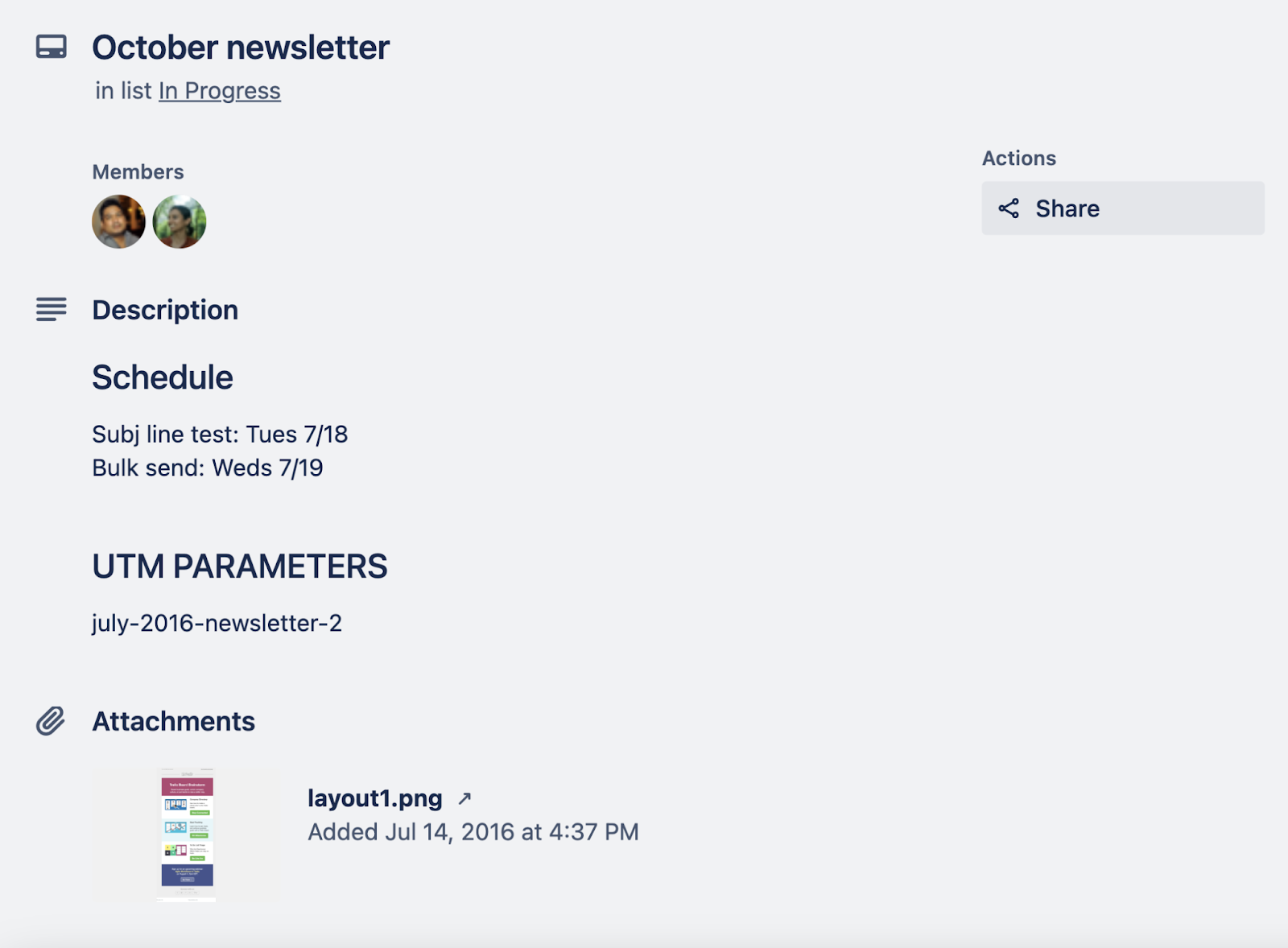 A task titled "October newsletter" overview on Trello
