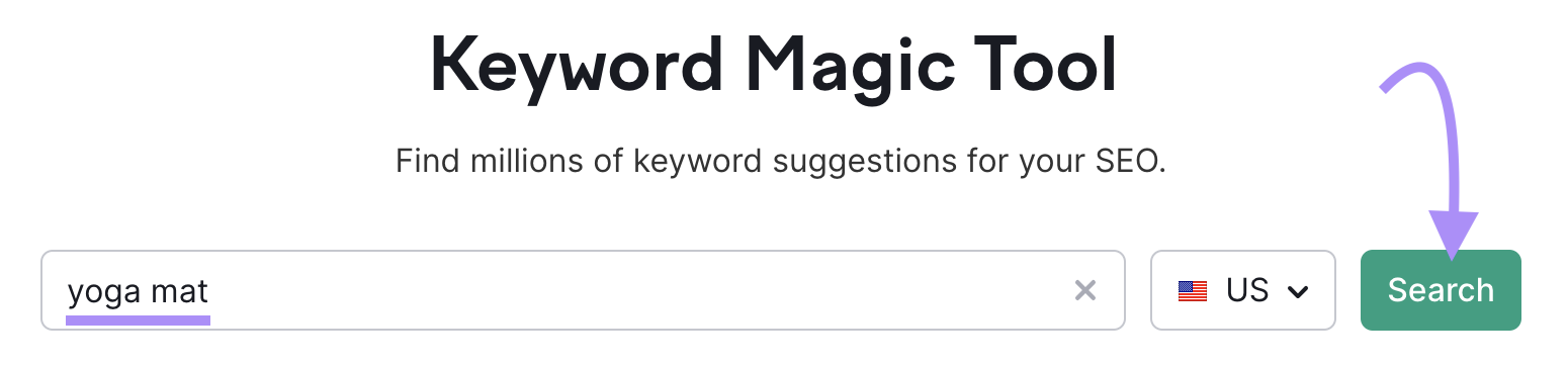 "yoga mat" entered into the Keyword Magic Tool search bar