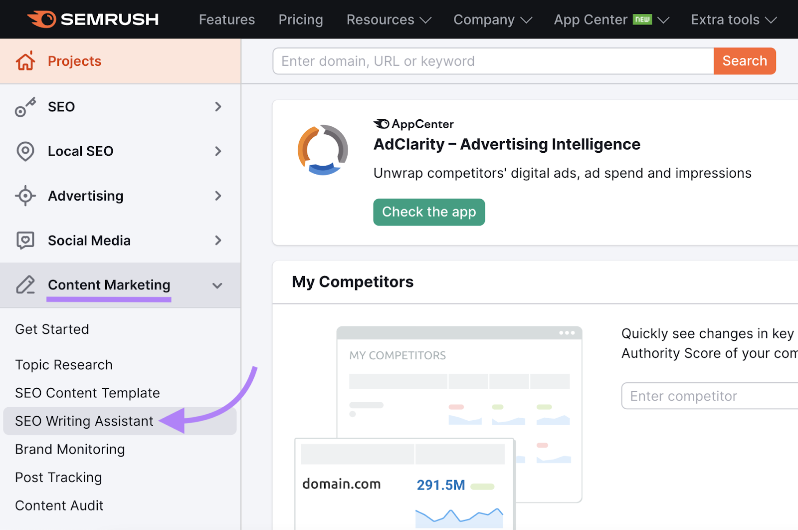 navigate to “Semrush Writing Assistant” in the left-side menu