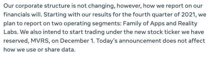 Seção do comunicado de imprensa da Meta sobre como a mudança de marca afetará os usuários e os investidores
