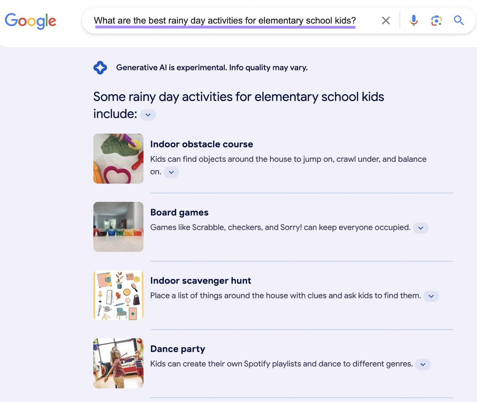Google SGE results for "What are the best rainy day activities for elementary school kids?"